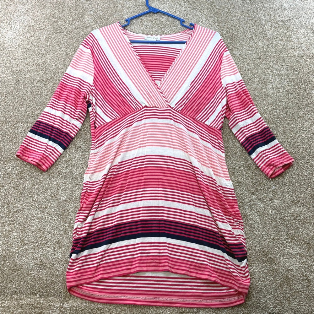 Summer & Sage Maternity Striped Surplice V-Neck Tunic Top Pink L Pregnancy Shirt